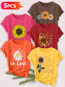 5Pcs Women's Crew Neck T-Shirts, Sunflower & Butterfly Slogan Print Set, Multiple Colors Available, Machine Washable, Spring & Summer Tops, Soft Skin-Friendly Fabric, Daily Versatile, Casual, Fashion Design, Womenswear
