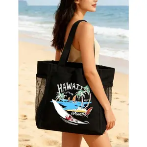 Large Capacity Tote Bag with Hawaiian Text, Sailboat and Palm Tree Design, Mesh Pocket Beach Bag, Multifunctional Storage Bag