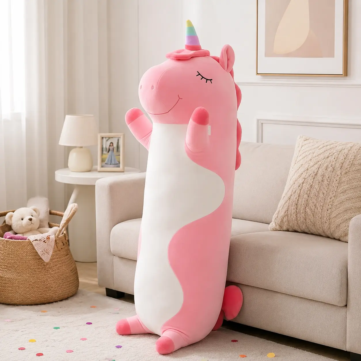 CHUBBYJOY Cute Long Unicorn Plush Pillow, 27"35"43" Soft Pink Unicorn Body Pillow, Soft Huggable Childhood Stuffed Animal, Kawaii Stuffed Hugging Pillow For Bed Sofa Home Decor, Cute Girly Gifts, Kids Plush Gift, Summer Vibe Item for Kids Plush Lovers