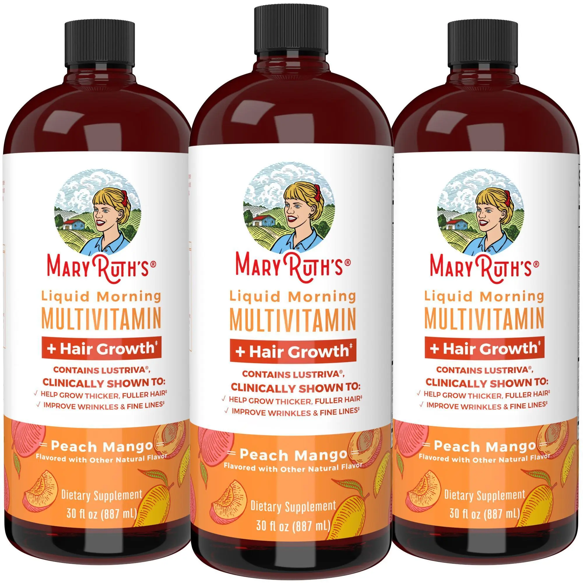 MaryRuth's Liquid Multivitamin +  Hair Growth - Clinically Tested Lustriva for Thicker Hair in Women - Improve Facial Wrinkles - Vegan - 3-Pack, 30 Oz