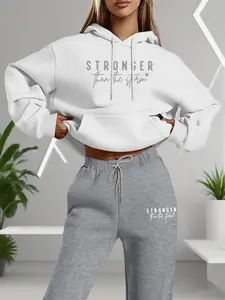 Fashion Casual Home Outdoor Fitness Graphic Letter Print Long Sleeve Fitted Hoodie with Pockets + Colorful Pants Sport Thin Set, Spring Summer