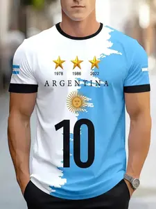 Men's Argentina National Team Football Pattern T-Shirt, 3D Geometric Design, Sun Badge & Number 10, Blue Color, Breathable Round Neck, Sports Tees