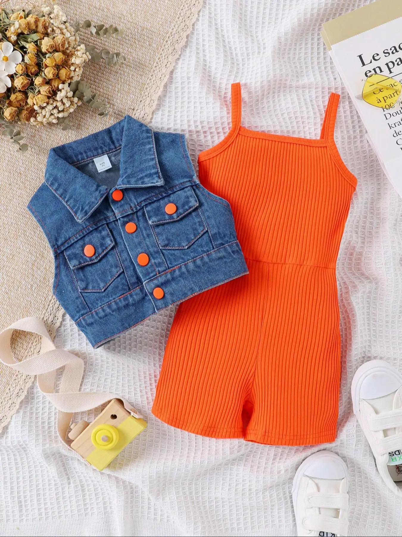 Toddler Girl's Pocket Denim Vest & Cami Romper Set, Button Front Outerwear & Solid Sleeveless Romper for Daily Wear, Fashion Casual Kids Clothes, Goin