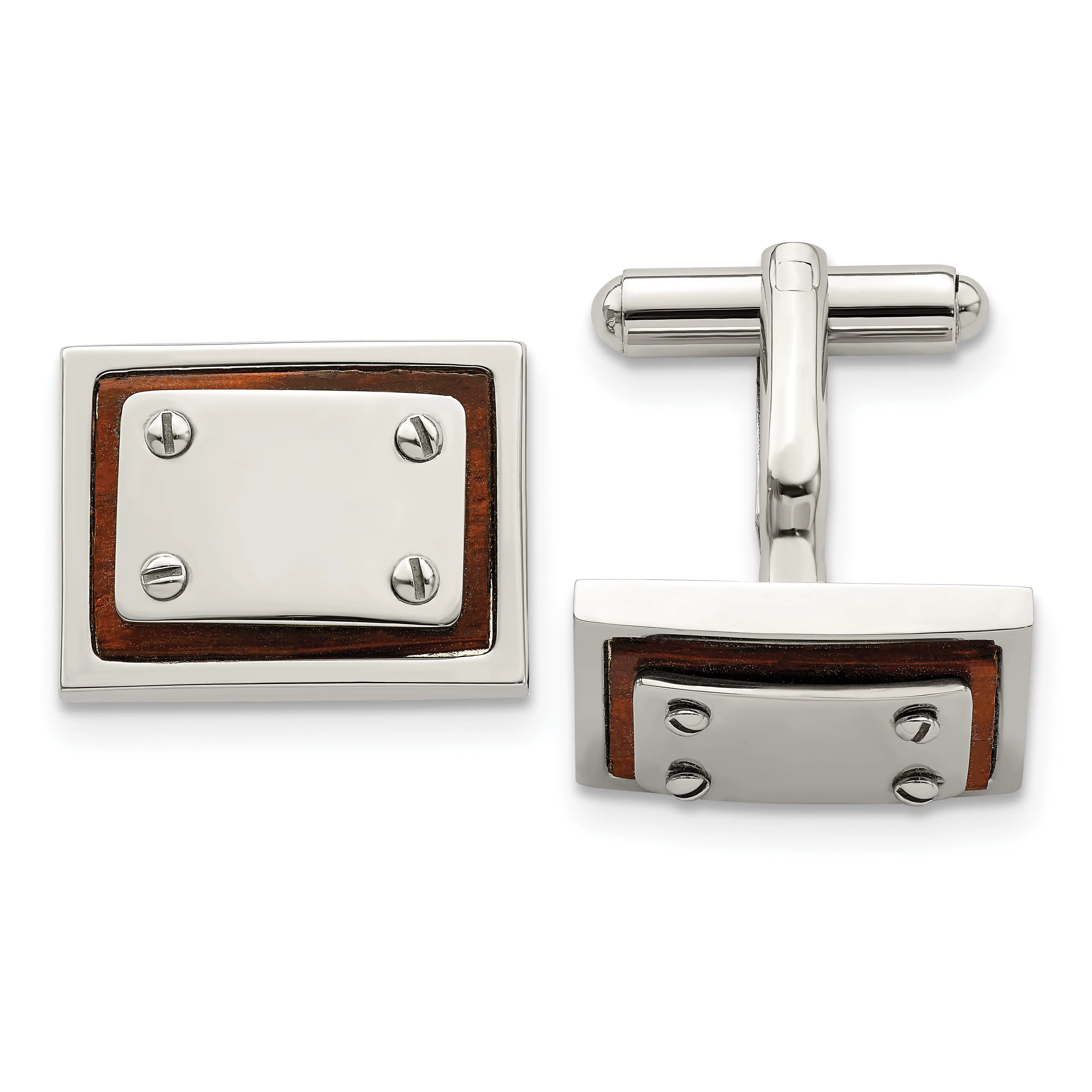 Stainless Steel Engravable Cufflinks with Polished Koa Wood Inlay Gift Ready