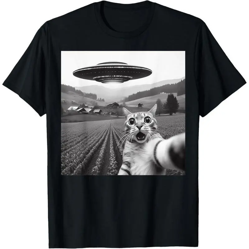 Graphic Short-Sleeve Tee Tops, Cat Selfie With Alien UFO Design, Funny Menswear T-Shirt Gift For Men Women