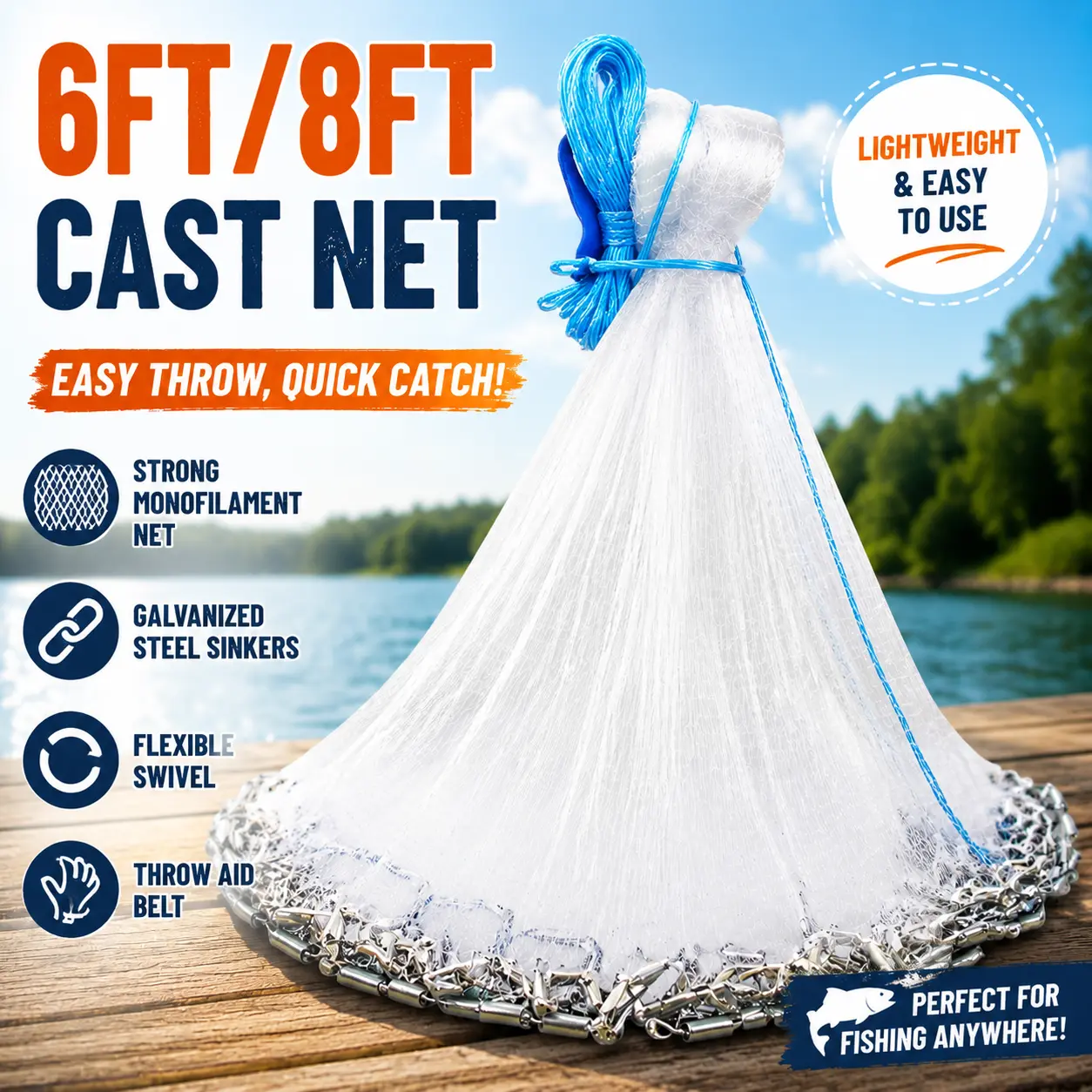 Fishing Cast Net, 6FT/8FT Radius Hand Throw Bait Net with Chain Sinker, Heavy Duty Casting Net with 3/8" Mesh for Outdoor Angling,summervibers tiktokshopbacktoschool