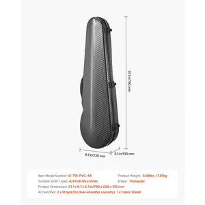 VEVOR 4/4 Full Size Violin Case, Built-in Hygrometer, Lightweight Portable Travel Carrying Bag, with Plush Lining, Dual Shoulder Straps, Anti-Scratch, Professional Triangular Shape, for Violin, Black