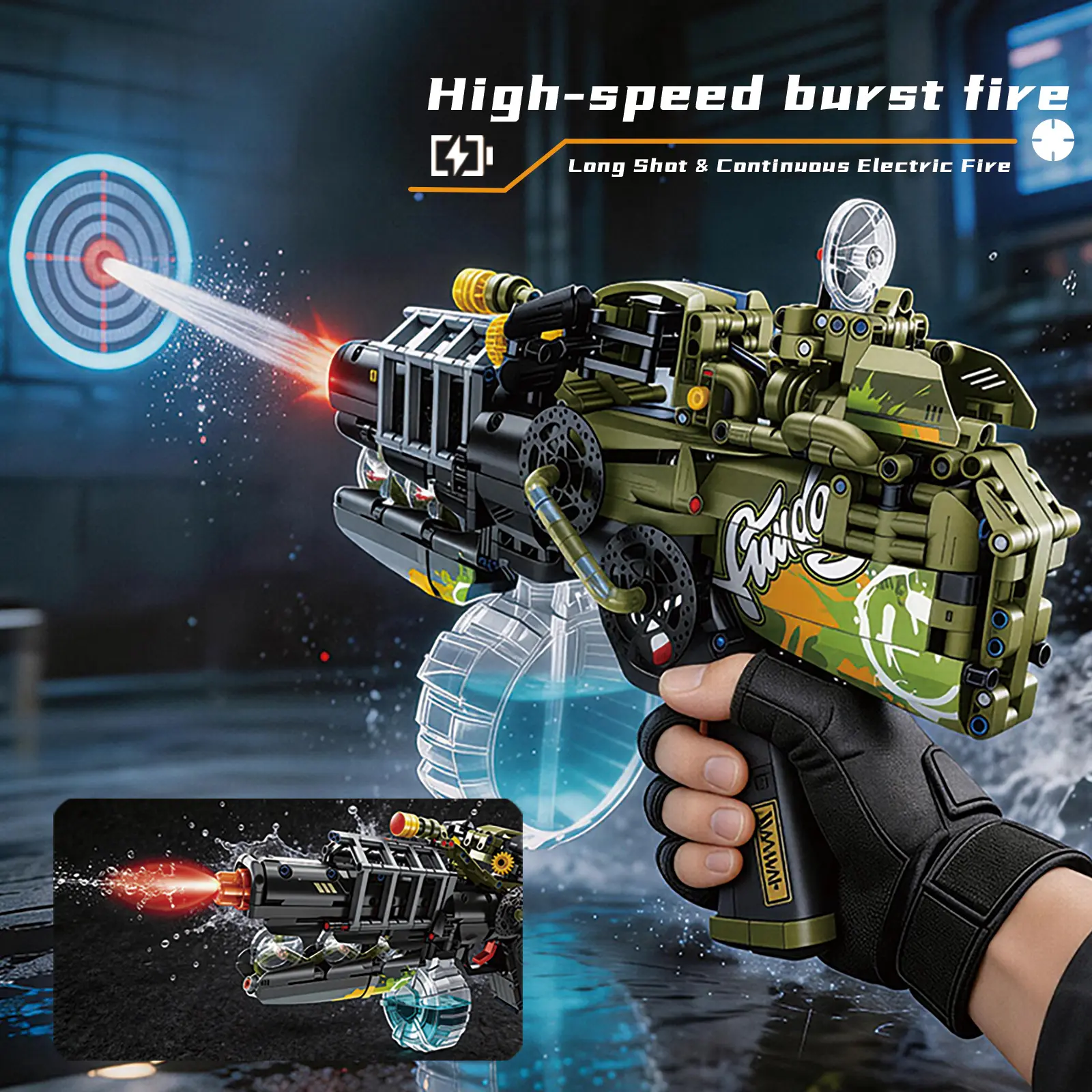 Electric Building Block Water Gun, Pistol Launch Toy Gun with LED Flame, Automatic Squirt Guns for Adults&Kids Ages 8+