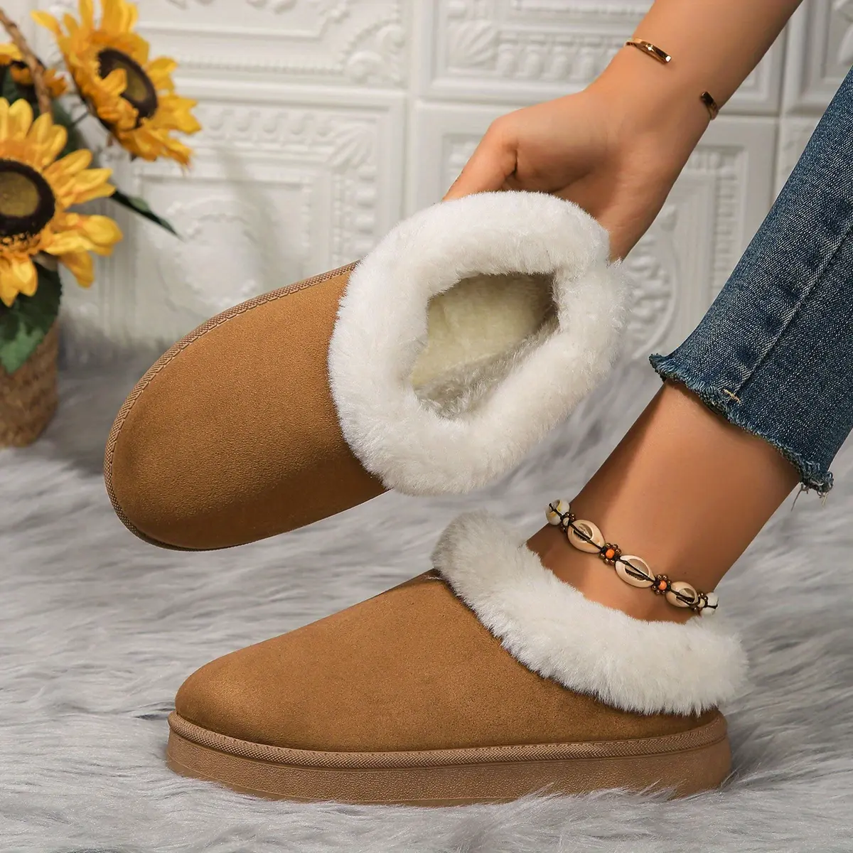 Cozy Fleece-Lined Women's Slip-On Booties - Warm, Thick Sole, Flat Heel for Winter Comfort