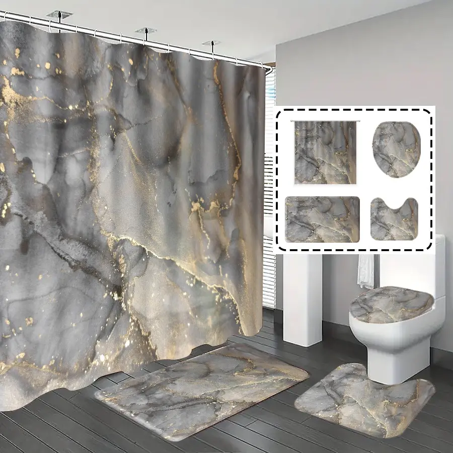 1pc/4pcs, bathroom set, shower curtains, bathroom rug, home decoration, Aesthetic Bathroom Decor, Bathroom Decoration Accessories, bathroom mat, gray marble Print pattern, simple and luxurious theme decoration, with 12 hooks