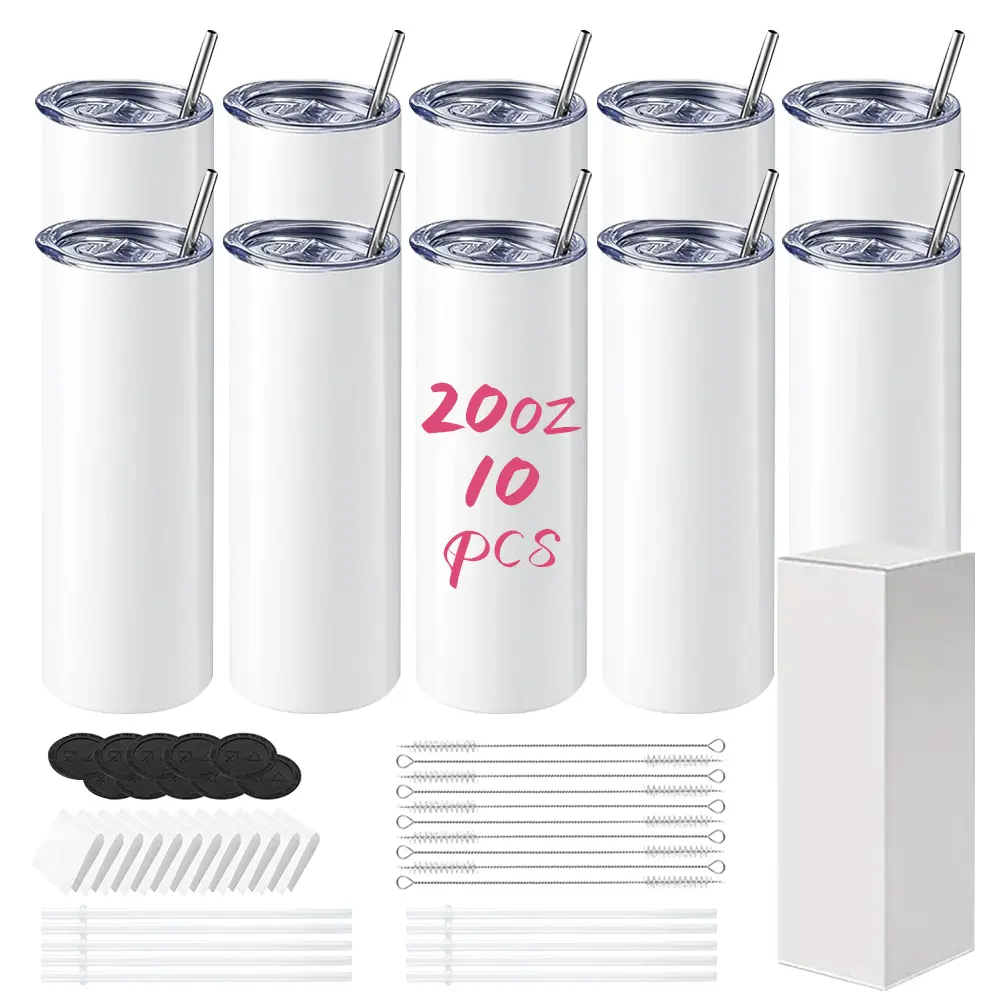 10-Pack 20 oz Stainless Steel Insulated Straight Tumbler Set, Kitchenware Metal Vacuum Flask with Straw Cap, Built-in Plastic Straw, Rubber Bottom, Shrink Wrap Films for Mug Press Customization & Everyday Use