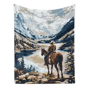 Western Cowboy Throw Blankets - Retro Rodeo Horseback, Vintage Mountain Landscape & Nature Scenery Designs, Soft Cozy Fleece, Warm for Couch & Bed, Gift for Western Lovers