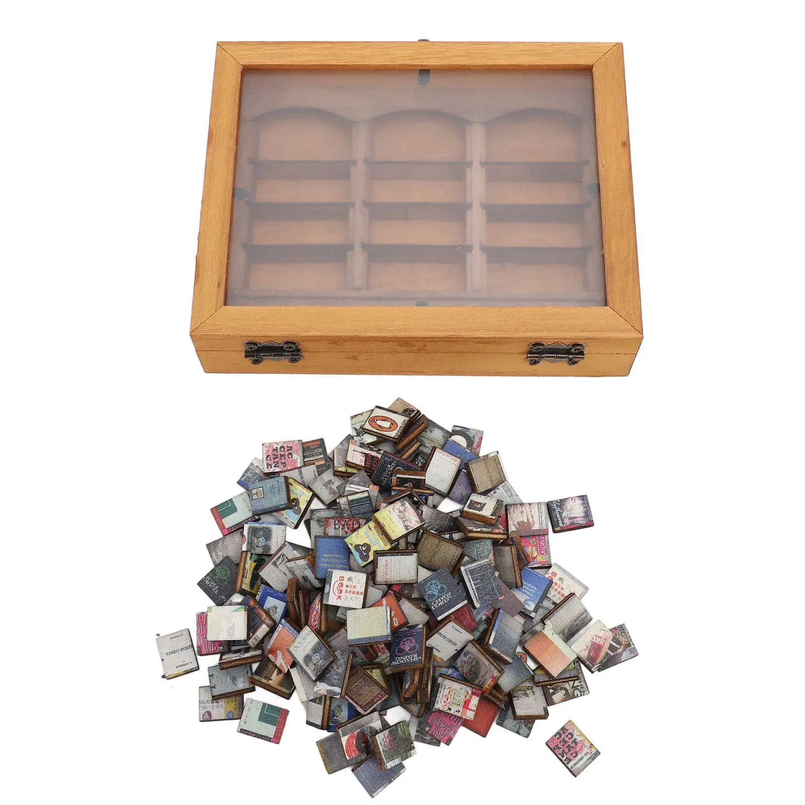 Solid Wooden Miniature Book Boxes Display Case Cabinet - 196 Tiny Book Ornaments, Stress Relief Puzzle, Mini Container Bookends, Artistic Decoration, Coffee Shop Shelf Accessory, Gift for Living Room Desk