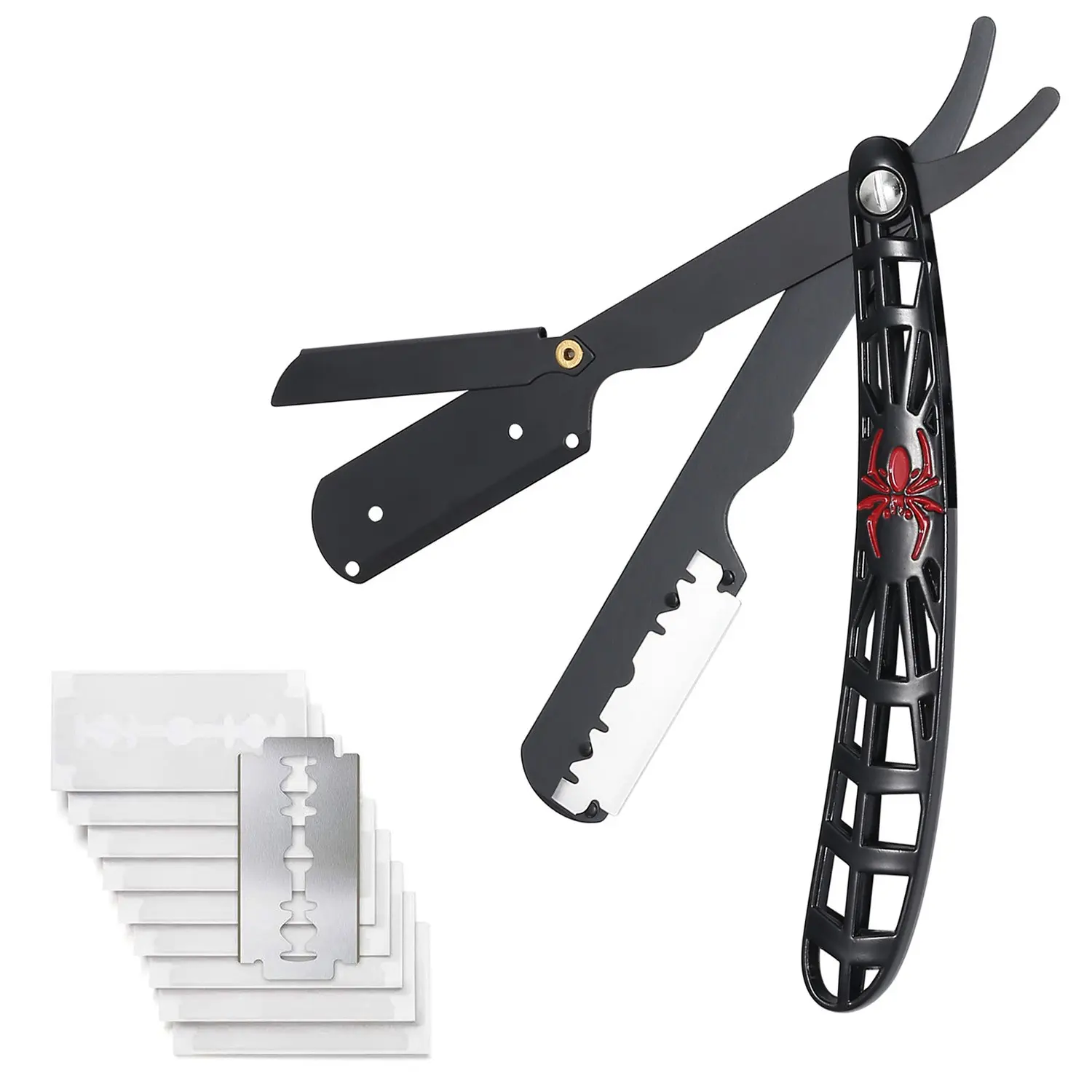 Men's Shaving Razor Stand + 10 Replacement Blades, Metal Fashion Folding Straight Razor Holder, Stainless Steel, Safety Razors, Ideal for Grooming, Daily Shaving Tool, Shaving Accessories