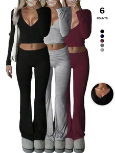 Women's 2-Piece Matching Workout Set, Long Sleeve Deep V-Neck Crop Top & Foldover Flare Leggings, Casual Fitted High Waist Yoga for All Seasons
