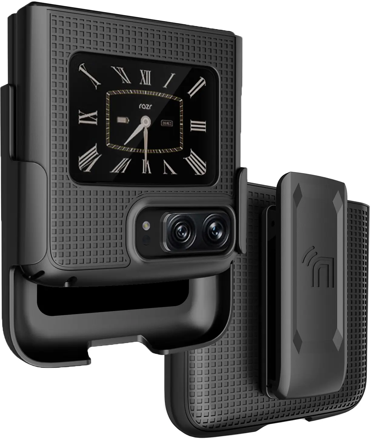 Case with Clip for Motorola RAZR 2022 Flip Phone, Nakedcellphone [Grid Texture] Slim Hard Shell Cover and [Rotating/Ratchet] Belt Hip Holster Holder Combo for Moto RAZR 3 5G