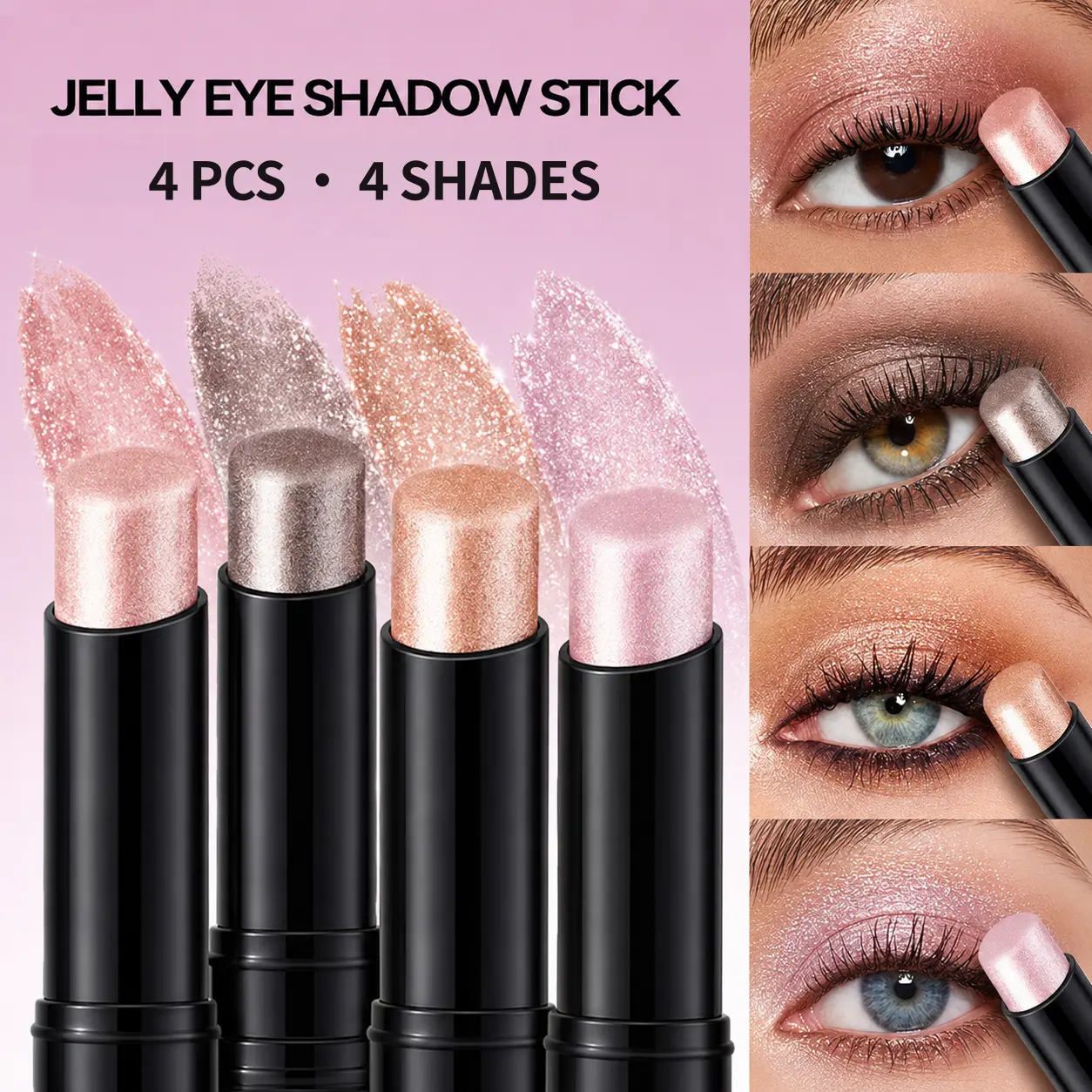 OVP 4-Piece Combination Set Eyeshadow Jelly Stick, All Over Glimmer Soft Shimmer Cream Highlighter, Long Lasting Travel Size Glowing Makeup, Compact for Eyes & Face