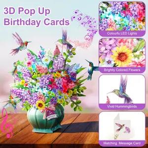 Birthday Cards,3D pop-up birthday card with lights and music, Hummingbird Oasis, 10-inch (25.4 cm) eternal bouquet, Happy Birthday card, suitable for ladies, wife, mother, daughter, sister (includes: greeting card, blank note sheet, and envelope)