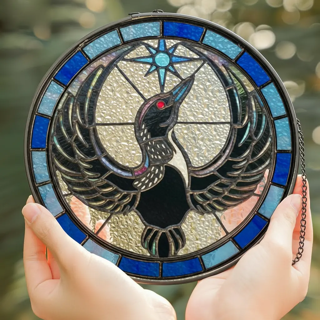 Rebel Loon Round Stained Glass Suncatcher - Light, Colorful Minnesota Bird Hangable Window Decor, Strong Metal-Accent Glass Art, Natural Wall Decor, Christmas Gift, Trees