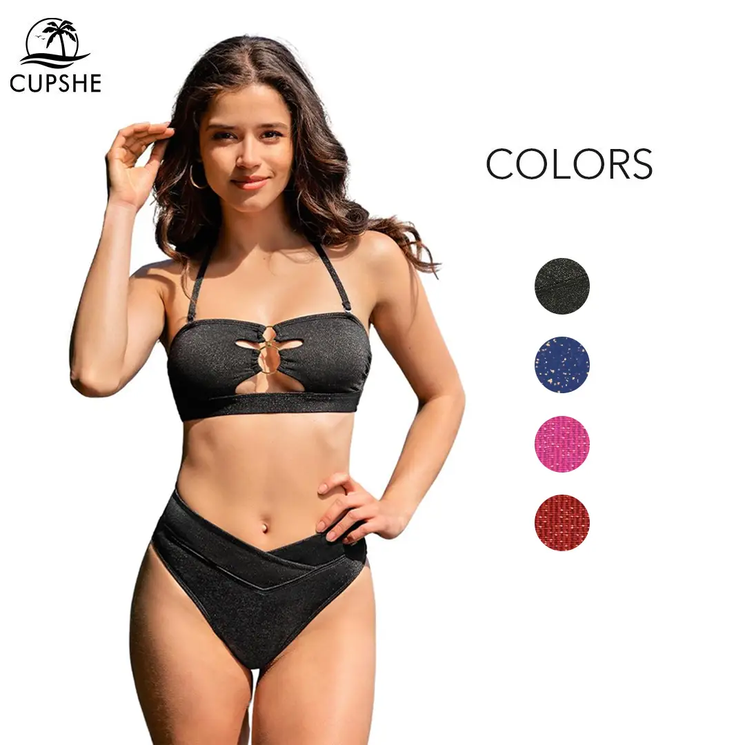 CUPSHE Sparking Lurex O-Ring Bandeau & Cheeky Bikini Set Casual Beachwear V Front High Rise Waist Swimwear Swimsuit Summer Pool Party Bathing Suits