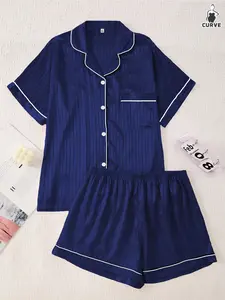 Plus Size Women's Silk-Like Chic Homewear Striped Short Sleeve Button Front Top and Shorts Pajama Set, Loose-Fitting Sleepwear, Pjs, Pyjamas