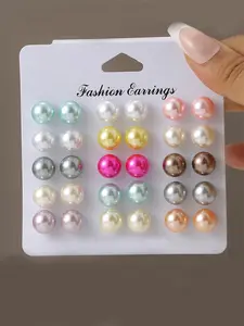 15 Pairs Colorful Faux Pearl Decor Stud Earrings, Elegant Stud Earrings Set, Fashion Jewelry Accessories For Women & Men