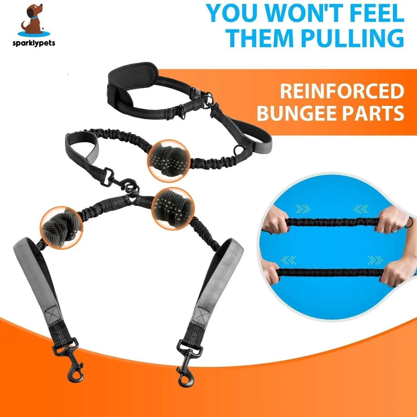 Hands Free Dog Leash Double Leash Long Padded No Tangle 360° Swivel Clasp Adjustable Dual Lead Comfortable Grip Reinforced Bungee Parts