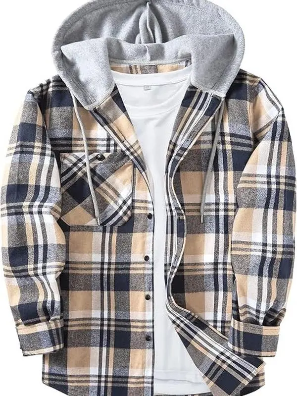 ZITY Men's Flannel Hoodie Shirts Casual Button Down Long Sleeve Plaid Shirt Big Tall, with Pocket, Adjustable Cuffs, Machine Wash, Business,Work, Office, Vacation, Graduation, Wedding, Party, Daily