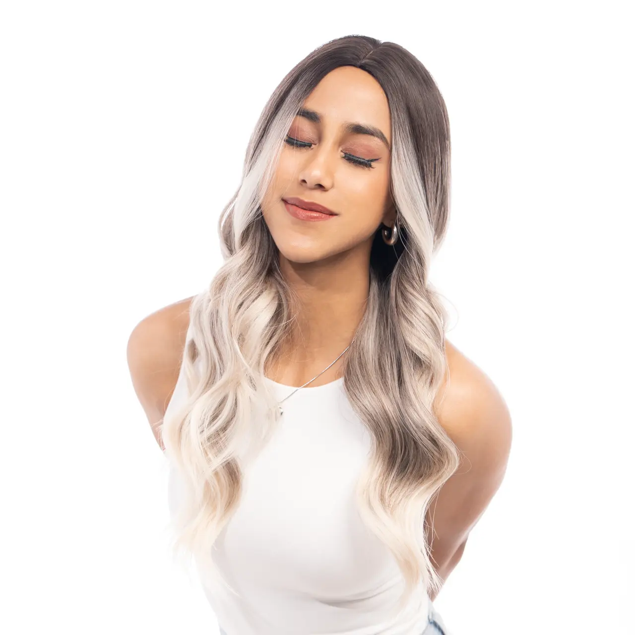 24-Inch Platinum Blonde Ombré (Dark Roots, Ash Brown) Curling Waves Synthetic Wig | 【Heat Resistant】【Cap Included】 | *18 @15 41FSGC