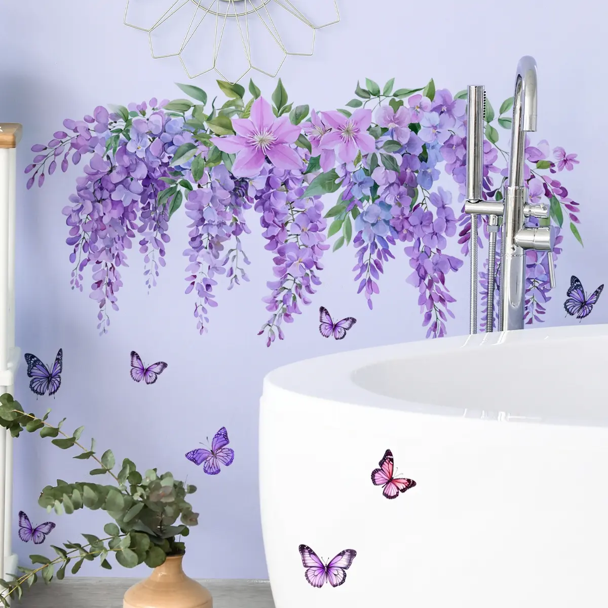 A piece of purple vine flower spring wall sticker for bedroom and living room background wall, home decoration sticker, Decorative Decal, self-adhesive MS7305-YC