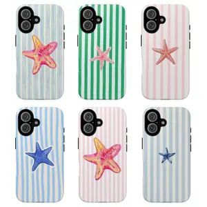 Beach Starfish Tough Phone Case, Colorful Striped Design for a Fresh Summer Vibe, gift for him for her