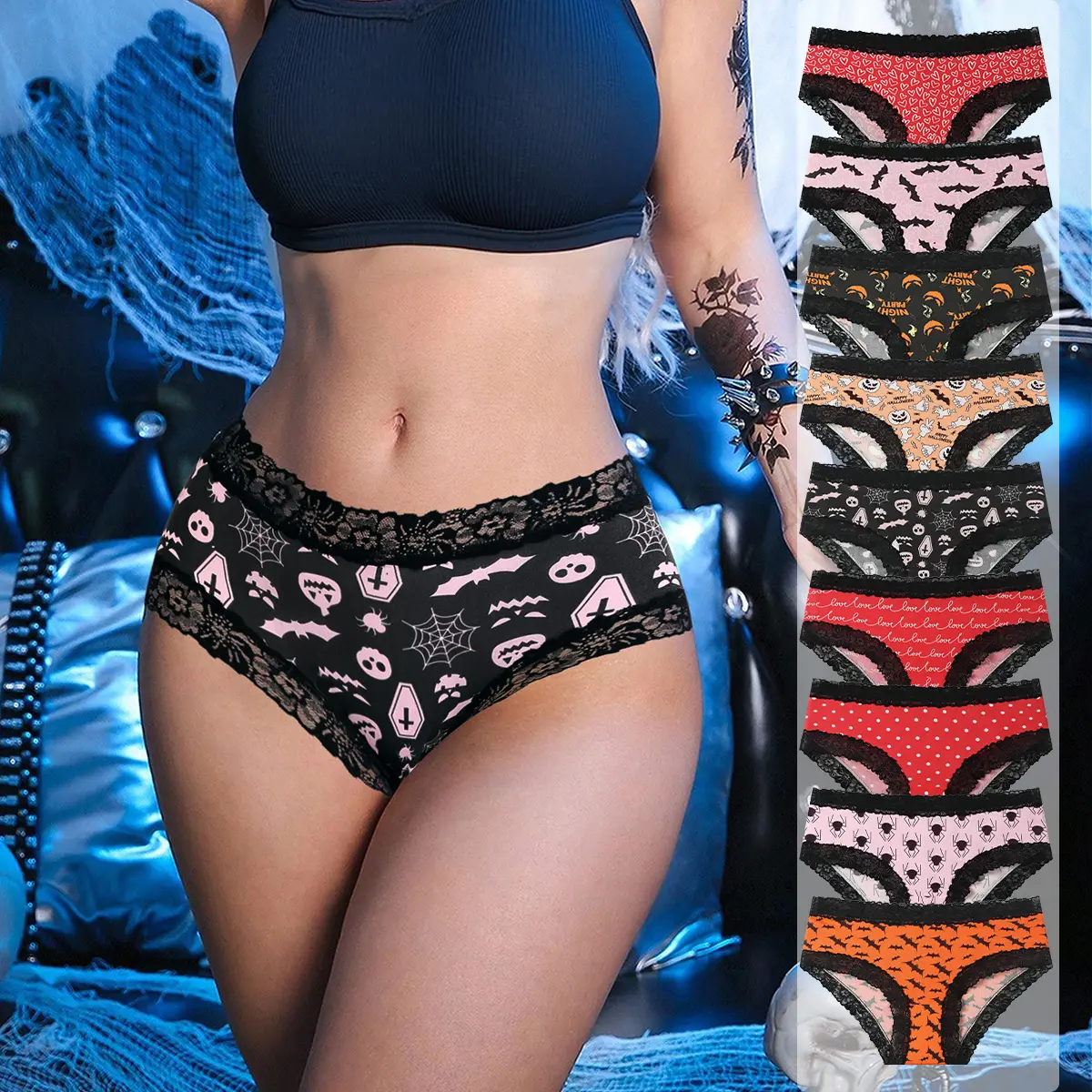 HOTCOM Ladies High-Waisted Underwear – Halloween Print Lace Panties, Soft Breathable Everyday Womenswear for All-Season Comfort