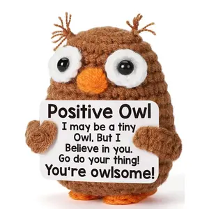 Crochet Positive Owl Plush - Handmade Amigurumi Stuffed Animal, Cute Motivational Desk Decor, 9cm/3.5inch Small Gift for Friends/Kids, Stuffed Animal Gifts