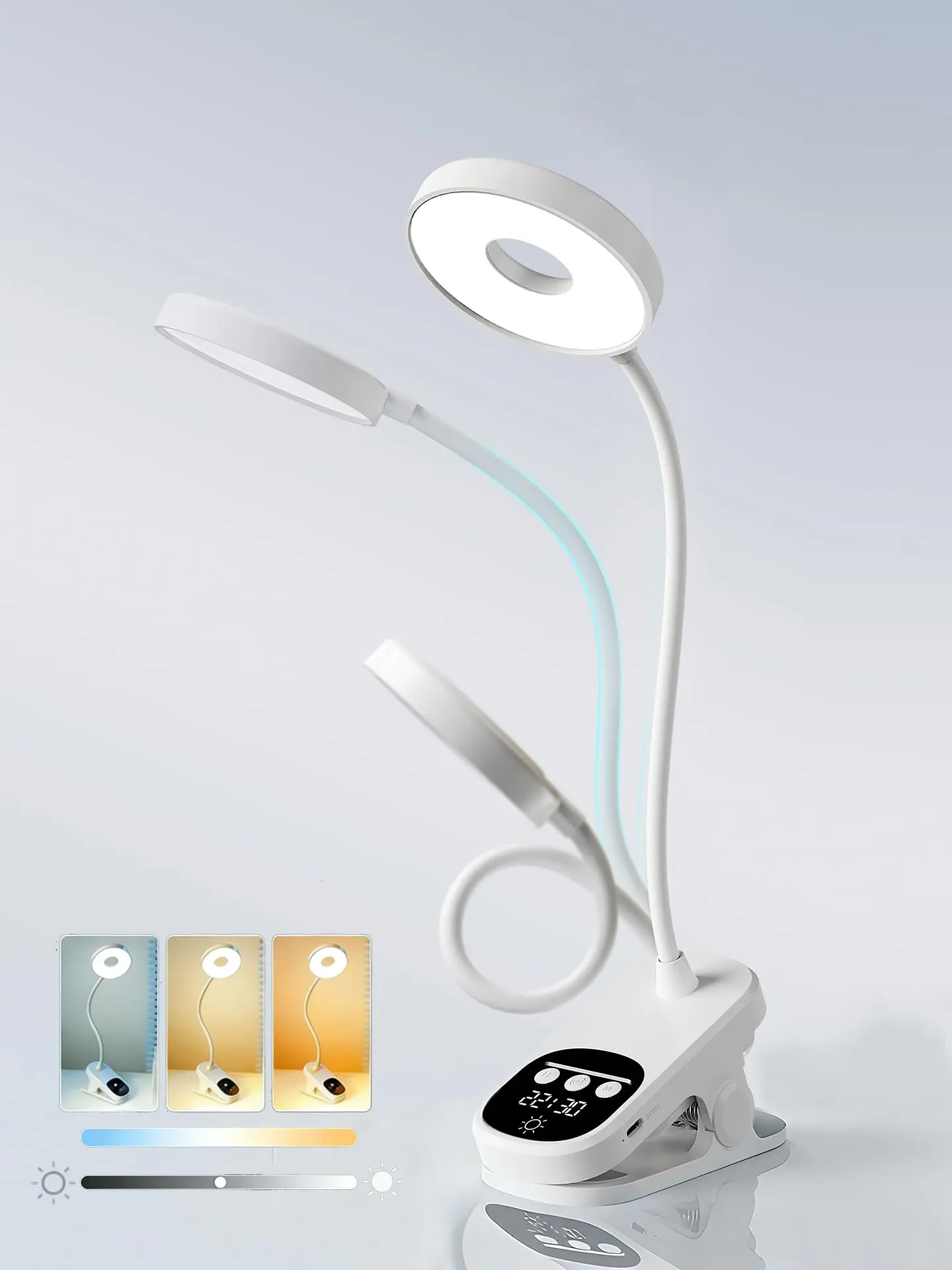 Wireless Clip-On LED Lamp with Wireless Charge, 6000mAh Rechargeable Eye-Caring Light with Clock & Auto-Off Timer, 3 Color Temperatures, 360° Rotatable for LED Lights Bedroom, Indoor Use, Dorm Room