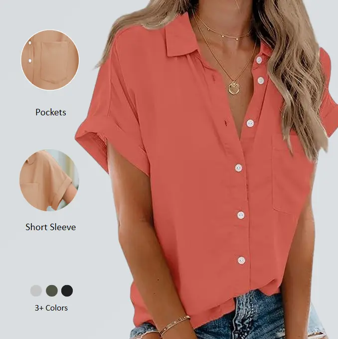 Imily Bela Womens Short Sleeve Shirt V Neck Collared Button Down Casual Top with Pockets