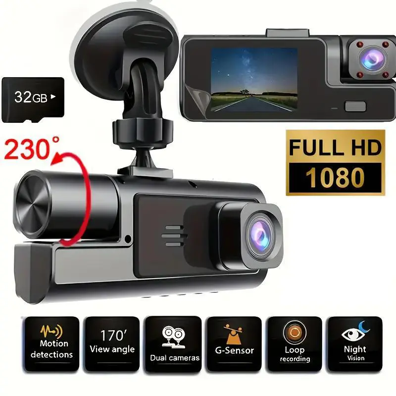 3 Channel 1080P FHD Triple Car Dash Cam, Front/Rear/Inside with 32GB Card, IR Night Vision, Wide Angle, Loop Recording Parking Mode G Sensor, Accidents Camera for Ride Share Uber Drivers, Driving Security Recorder tiktokshopspringglowup Dashcam Hd Car Dvr
