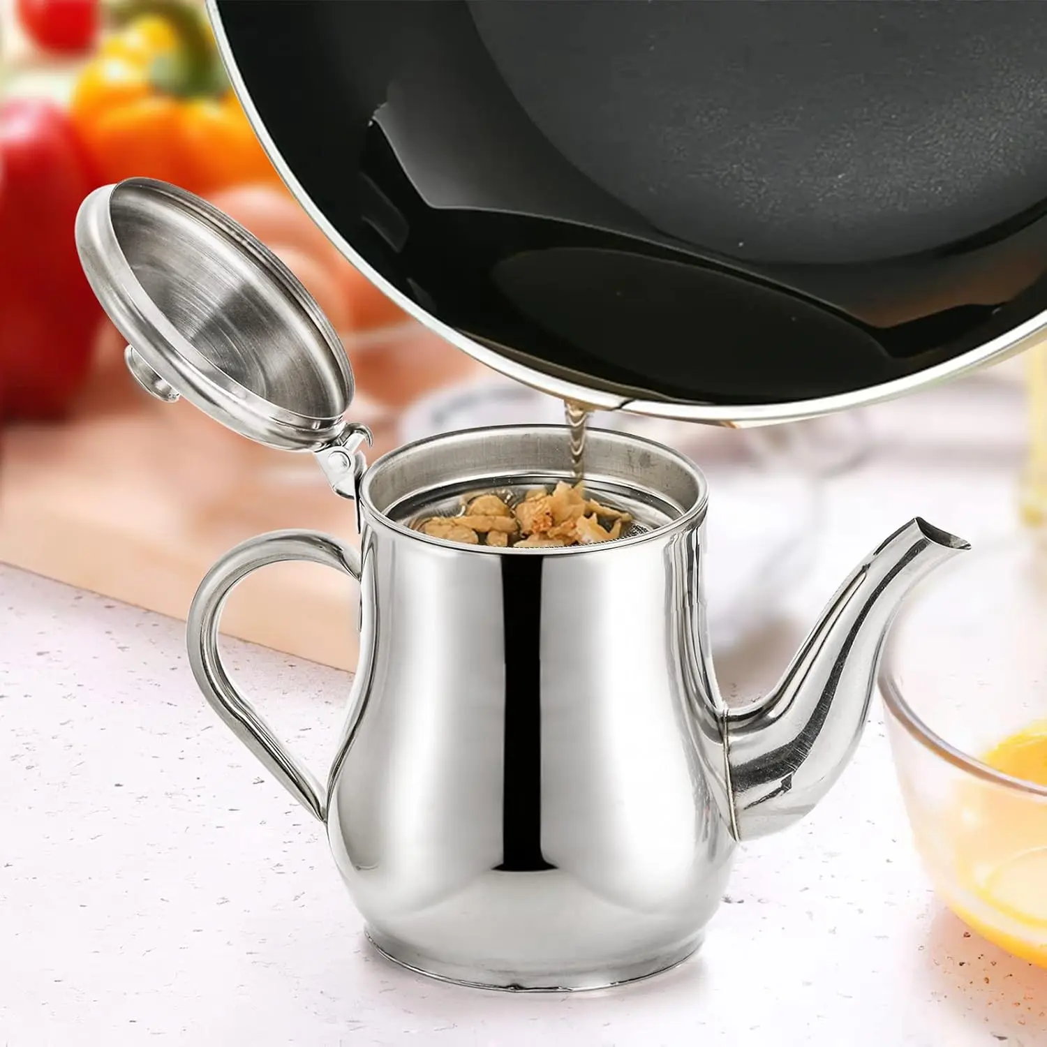 MealGear Sturdy Stainless Steel Mess-Free Oil Dispenser, 24oz-32oz Large Capacity with Removable Filter, Wide Mouth Lid, Curved Handle - Kitchen Utensil for Frying Oil, Grease Container, Mess-Free Oil Dispensers