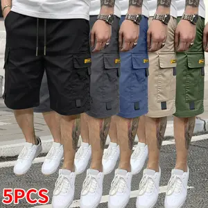 Set of 5 men’s cargo shorts — solid-color cargo shorts with multifunctional practical pockets, non-stretch fabric, regular fit; suitable for casual wear and outdoor activities; summer menswear, men’s shorts, summer shorts.