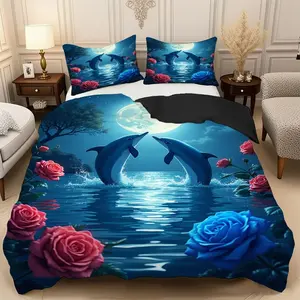 2/3 Pcs Dolphin Moonlit Duvet Cover Set,High-Definition Digital Printed Decorative Bedding Set(1* Duvet Cover+1/2* Pillowcase,No Filling)100% Polyester Fiber Soft,Breathable Bedroom,Guest Room Decoration,Machine Washable,Perfect Holiday Gift