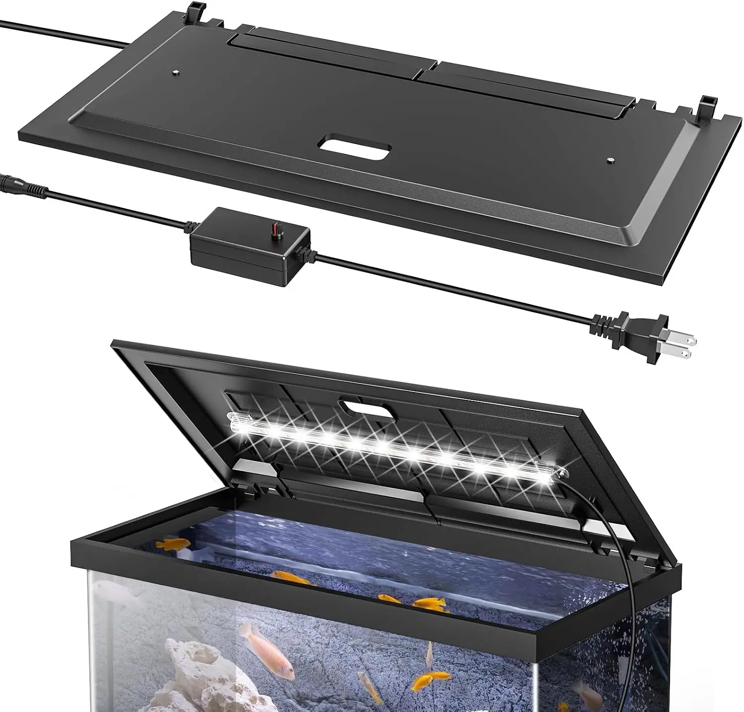 LED Aquarium Hood Fish Tank Cover with Adjustable Brightness White Tube Light Replaceable Full-Length Bulb Fits 24-Inch Framed Aquariums Black