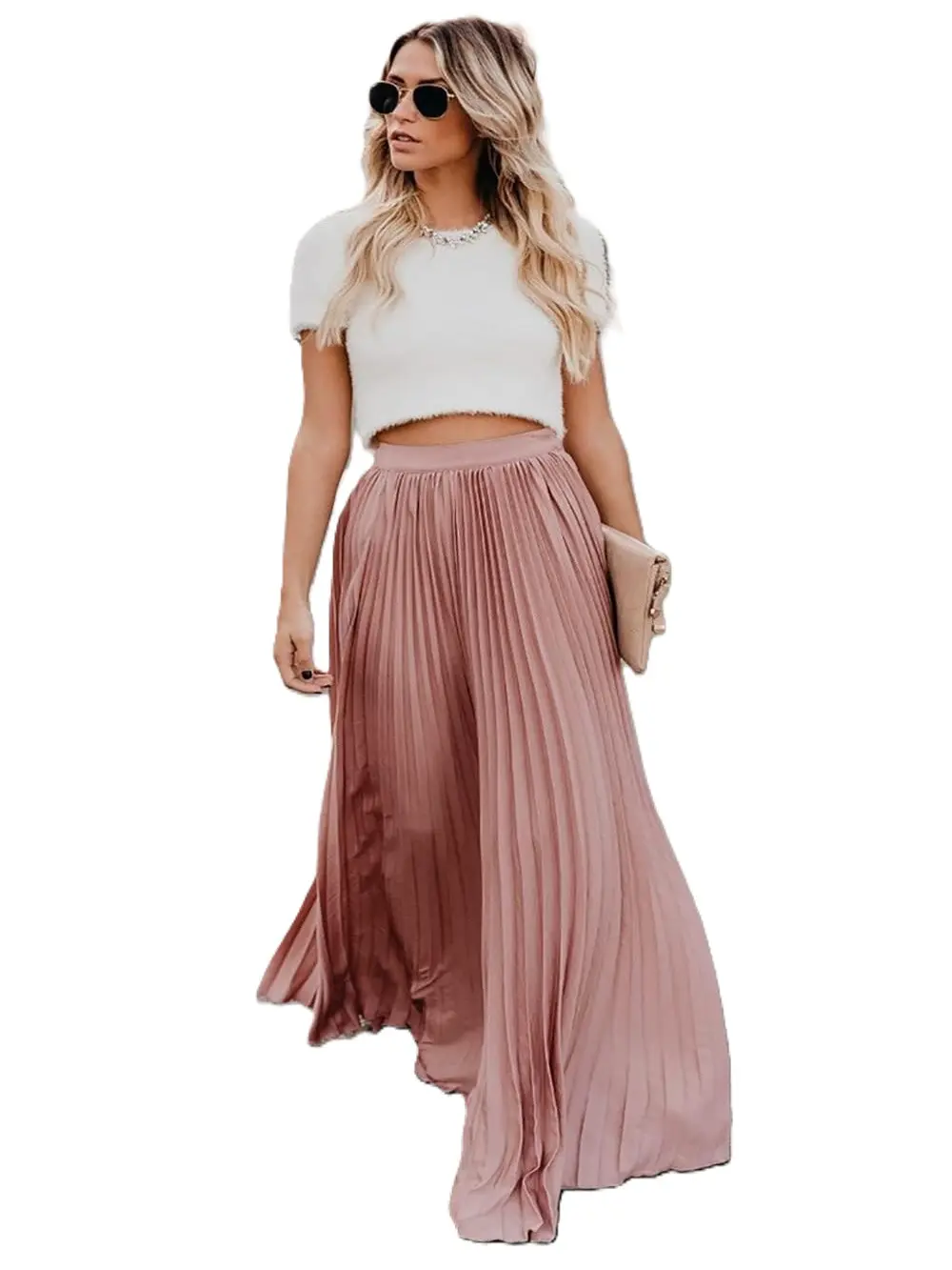 Ebossy Women's High Waist Flowy Pleated Chiffon Maxi Skirt - Casual Loose Fitted, Elastic Waist, Summer Fall Winter Wear, Basic Minimalist Design Womenswear,back to school shopping