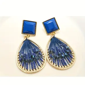 Handmade Beaded Royal Blue Earrings For Women, Intricate Wire-Wrapped Boho Drop Earrings, 18K Gold Plated Lightweight Jewelry For Vacation/Wedding/Holiday gifts, Unique Gift For Her magnetic earrings