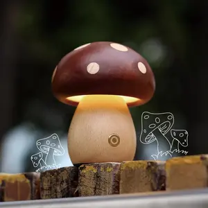Handcrafted Solid Wood Mushroom Lamp Cordless Portable LED NightLight with Touch Sensor Cute Cottagecore Aesthetic Room Decor for Bedroom, Nursery&Desk Setup Unique Wooden Fairy Gift for Kids &Plant Lovers gift for him/her, Rechargeable Light,