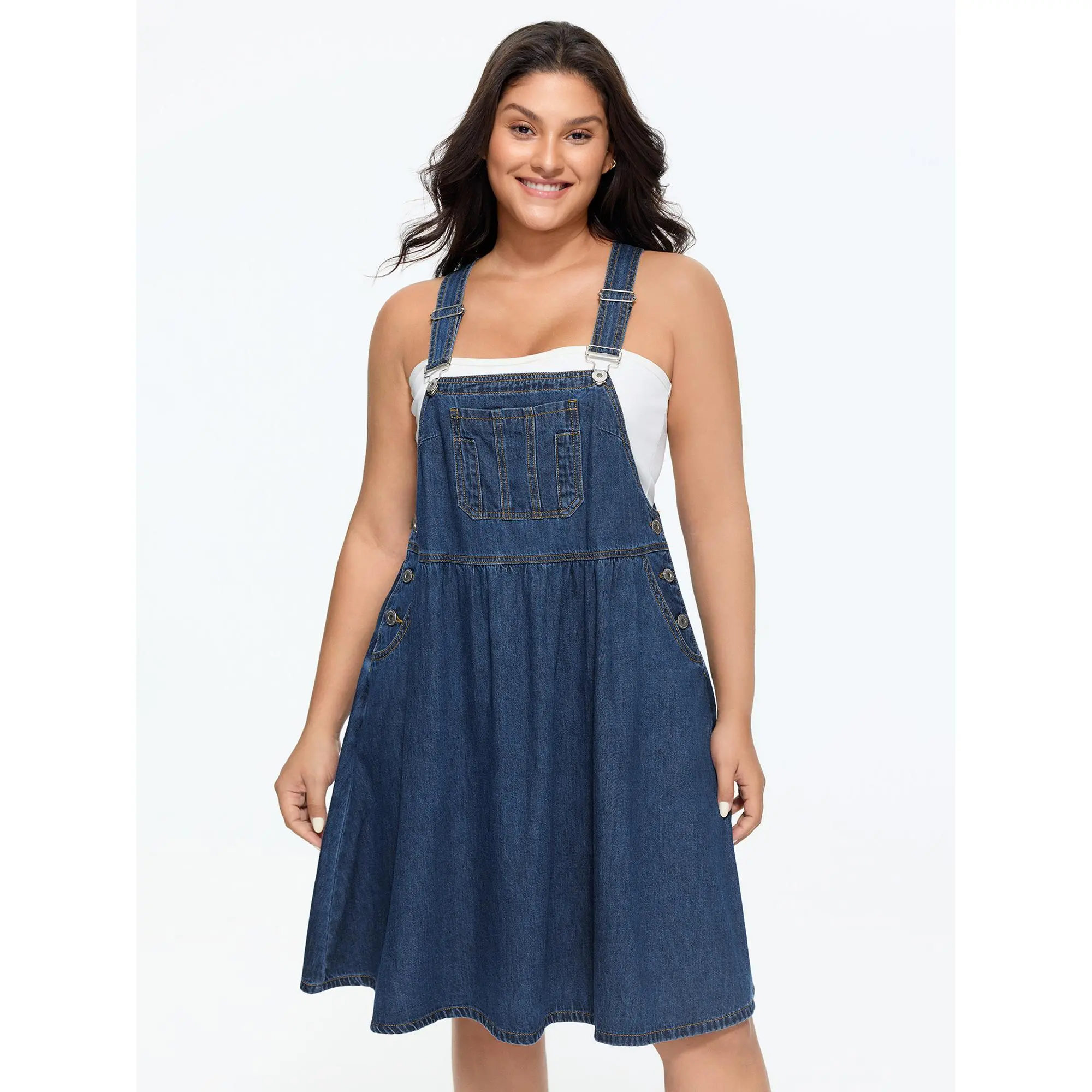 BloomChic Plus Size Solid Denim Pinafore Dress, Casual Everyday Style with Pocket, Low Iron and Breathable Fabric, Comfy, Fit, Simple, Basic, Denim Dresses, Cotton Blend, Sleeveless, Women's Dresses