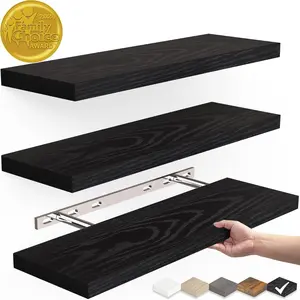 New Deal -  Floating Shelves,Wall Mounted Rustic Wood Shelves for Bedroom,Living Room,Kitchen,Hanging Shelf Room Decor with 22lbs Capacity(Black,Set of 3,16in)