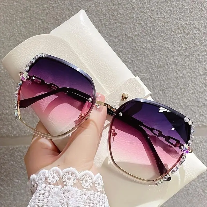Women's Fashionable Frames Rimless Rhinestone Shades - Gradient Purple-Pink Lens Metal Frameless Sunglasses, Sports & Outdoor Protective Gear Accessories for Daily Casual Wear, Fashionable Frames Sunglasses