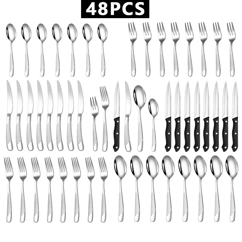 LVABZ 48-Piece Polished Finish Stainless Steel Silver Spoon and Fork Set - 8-Person Tableware Service, Scratch-Resistant Utensils, Textured Diamond Grip Handles, Steak-Ready Edge Knives, Dishwasher Safe, Ideal for Spring Brunch, Summer BBQs