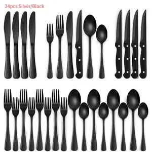 24Pcs Stainless Steel Cutlery Set, Dinnerware Service Set, Suitable For Home, Restaurant, Dishwasher Safe Tableware Utensils Kitchenware, Matte Black Flatware Set