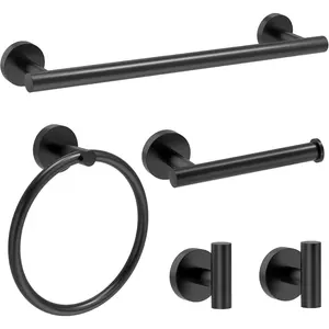 Matte Black Bathroom Accessories, Towel Bar Set 5 Pieces, SUS304 Stainless Steel Bathroom Hardware Set, 16 Inch Towel Bar for Bathroom Wall, Toilet PaperHolder and Towel Holder Set