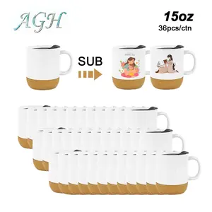 AGH 36PCS 15oz Glossy White Sublimation Ceramic Coffee Mug with Removable Wood Cork Bottom Tea Mug for Mom Dad Birthday Drinkware Cup Tumbler Washable